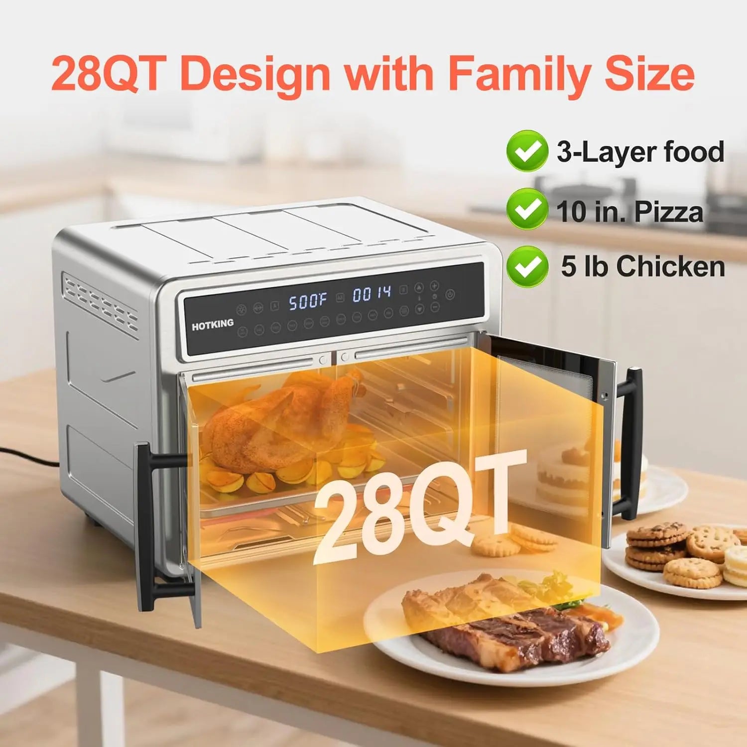 Dual-Zone Air Fryer Toaster Oven, Stainless Steel, Convection, French Door, Window, Racks, Rotisserie, Dehydrator.