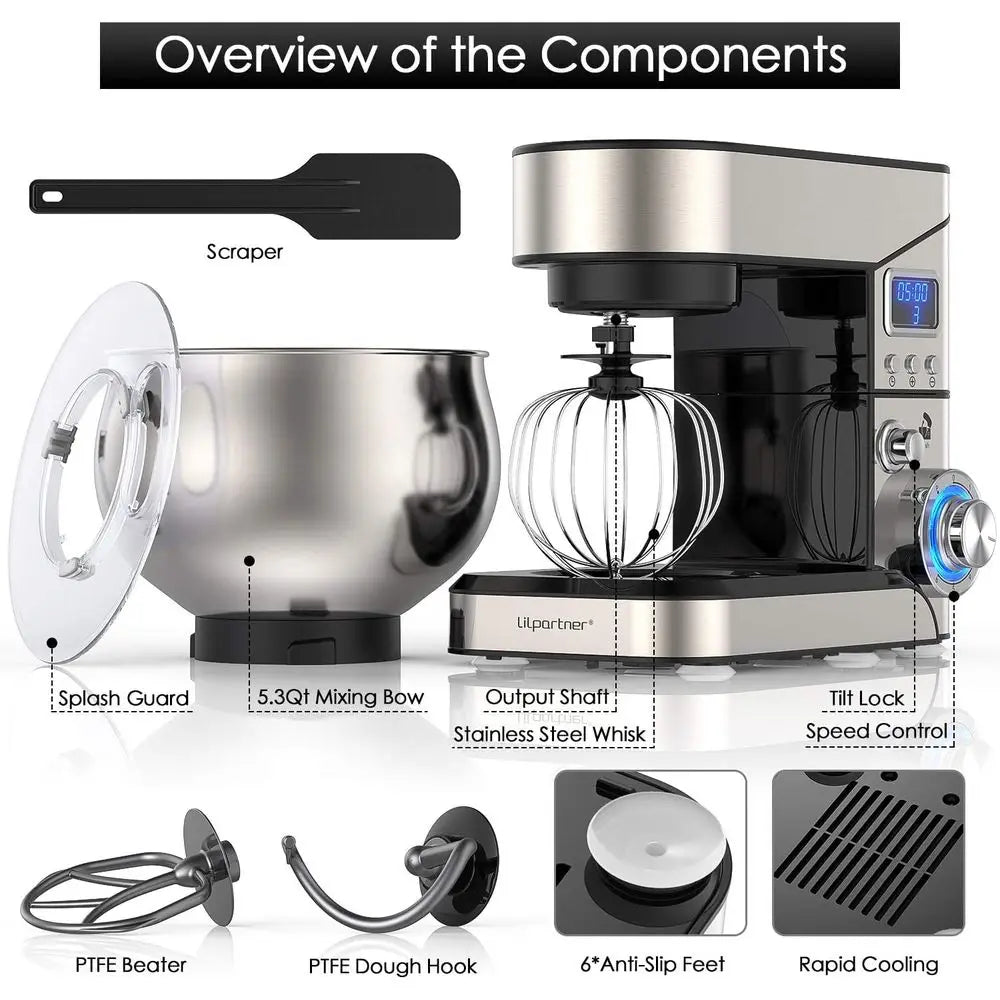 Stand Mixer, Stainless Steel 5.3-QT LCD Display Food Mixer, 6+ Speed Kitchen Electric Mixer - Mixer with Stainless Steel Bowl, D