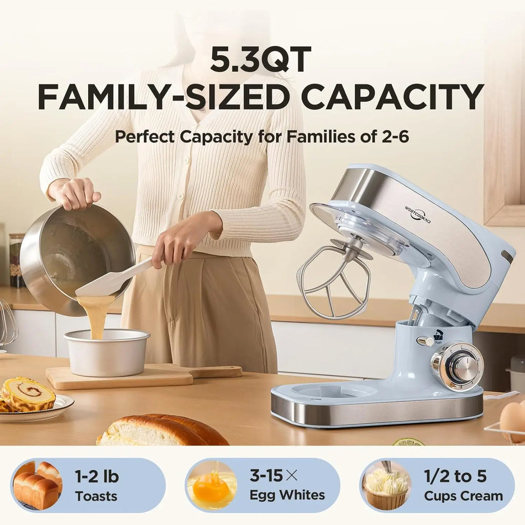 3-IN-1 Stand Mixer, 6+P Speed Electric Stand Mixer, 5.3QT Kitchen Mixer for Daily Use with Whisk