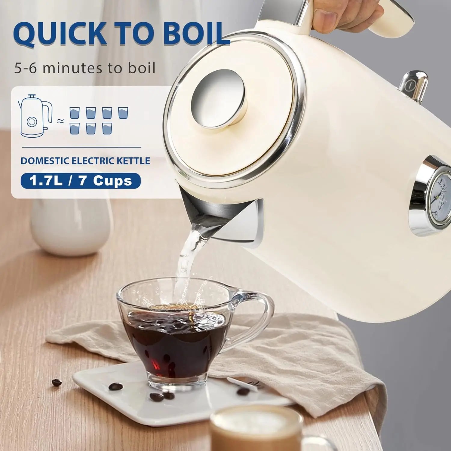 1.7L Stainless Steel Electric Kettle with Temperature Gauge, 1500W Fast Boiling, Auto Shut-Off and Boil-Dry Protection in Beige