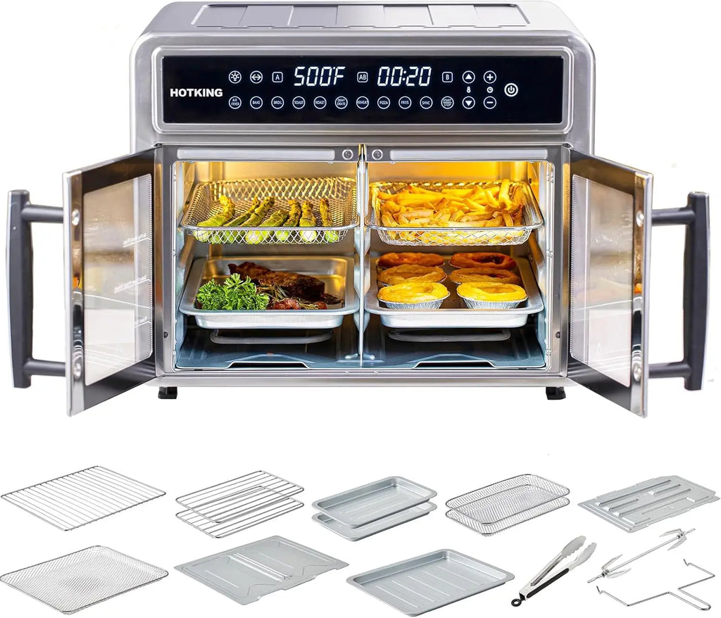 Dual-Zone Air Fryer Toaster Oven, Stainless Steel, Convection, French Door, Window, Racks, Rotisserie, Dehydrator.