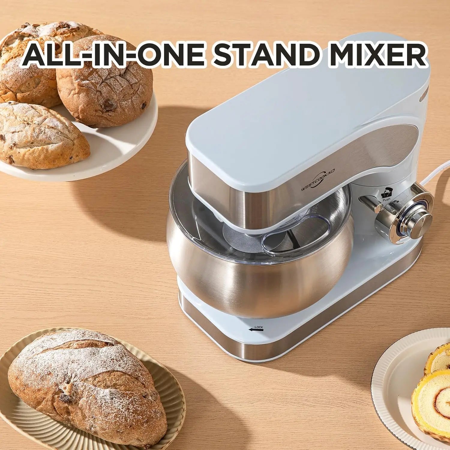 3-IN-1 Stand Mixer, 6+P Speed Electric Stand Mixer, 5.3QT Kitchen Mixer for Daily Use with Whisk