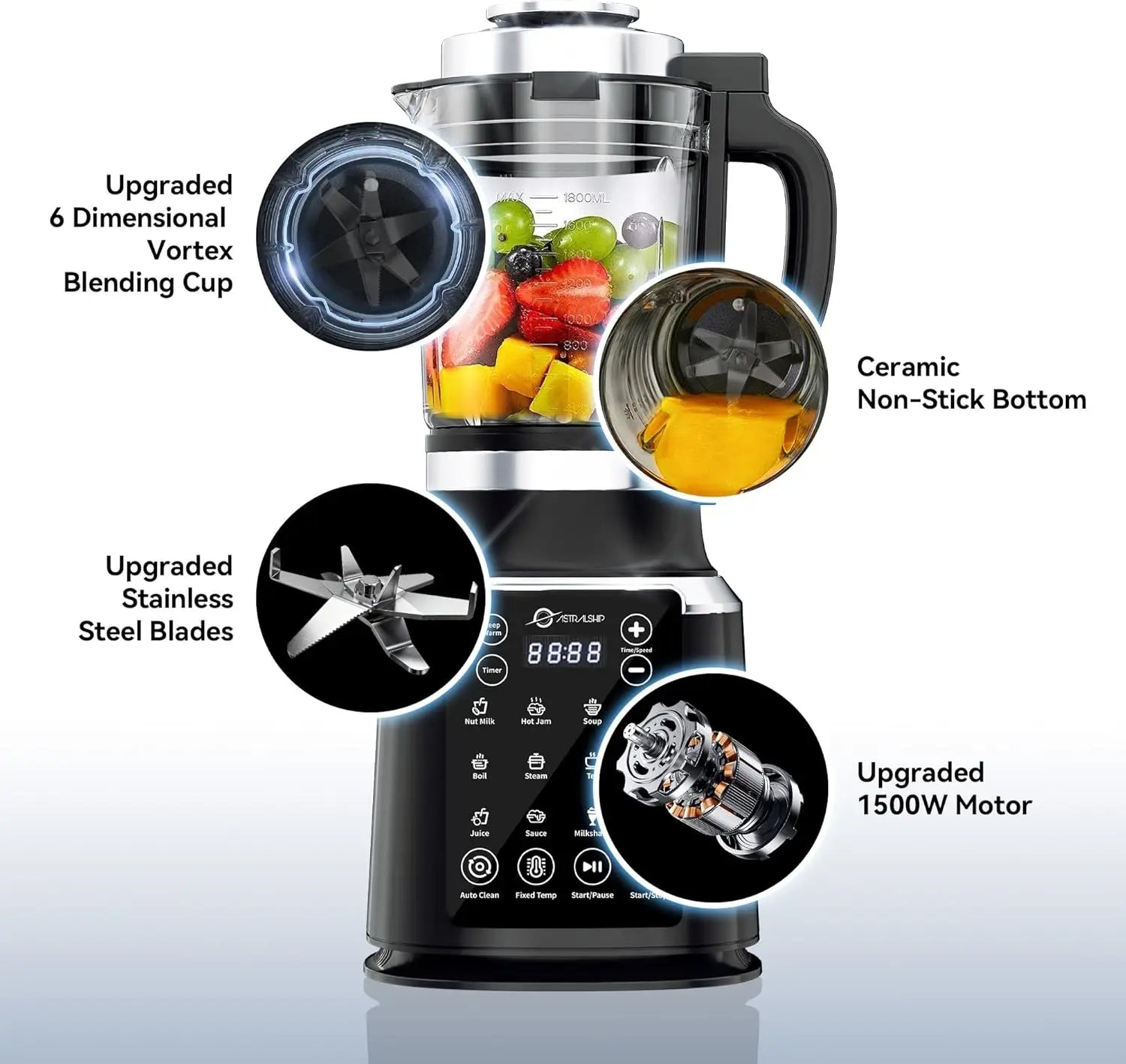 Glass Blenders for Kitchen with Tamper, Blender for Smoothies, Professional Blenders 1500W Motor, 9 Adjustable Speeds, 14