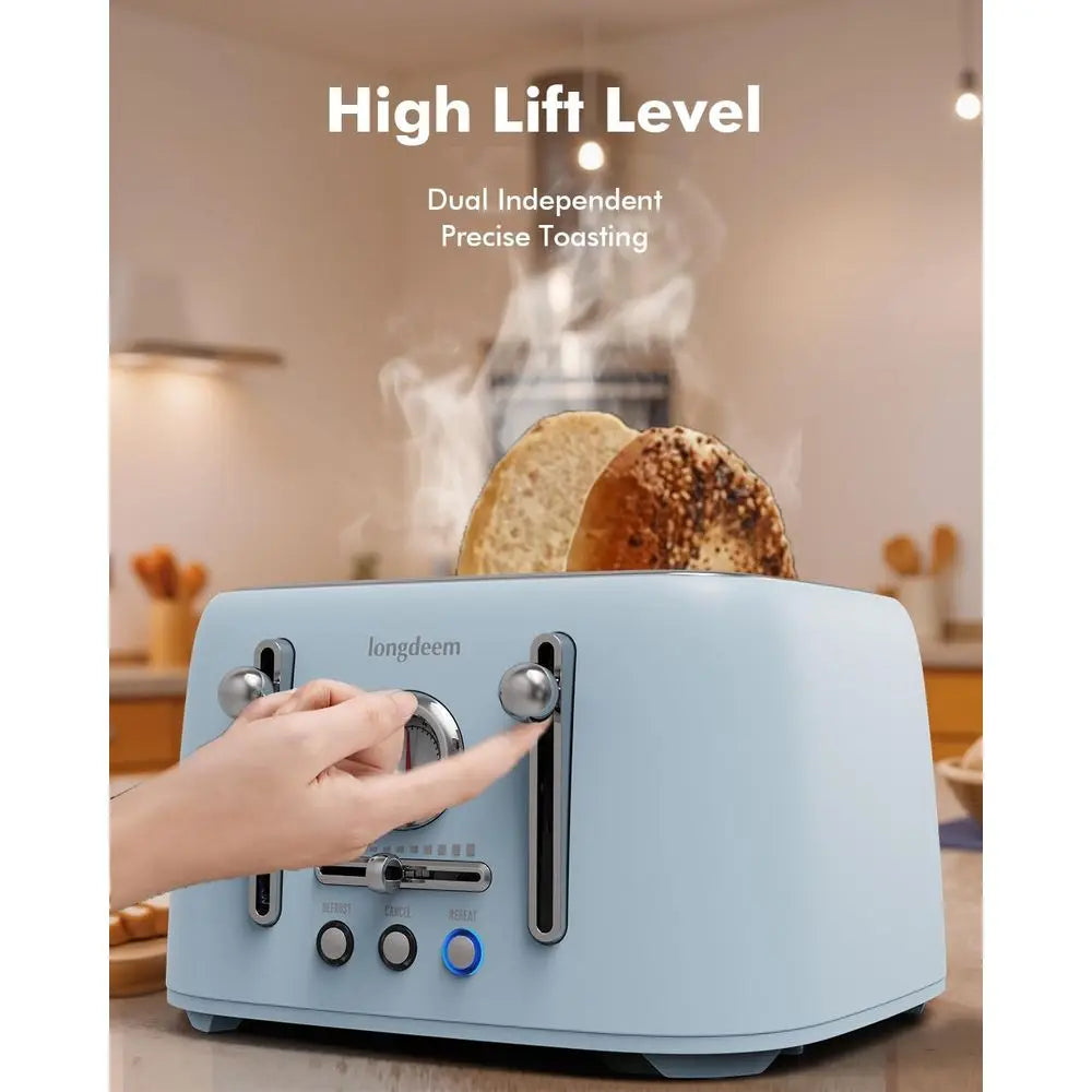 4-Slice Retro Toaster, 1.6 Extra-Wide Slots, 6 Levels, Bagel/Rost/Cancel, Stainless Steel, Compact Blue