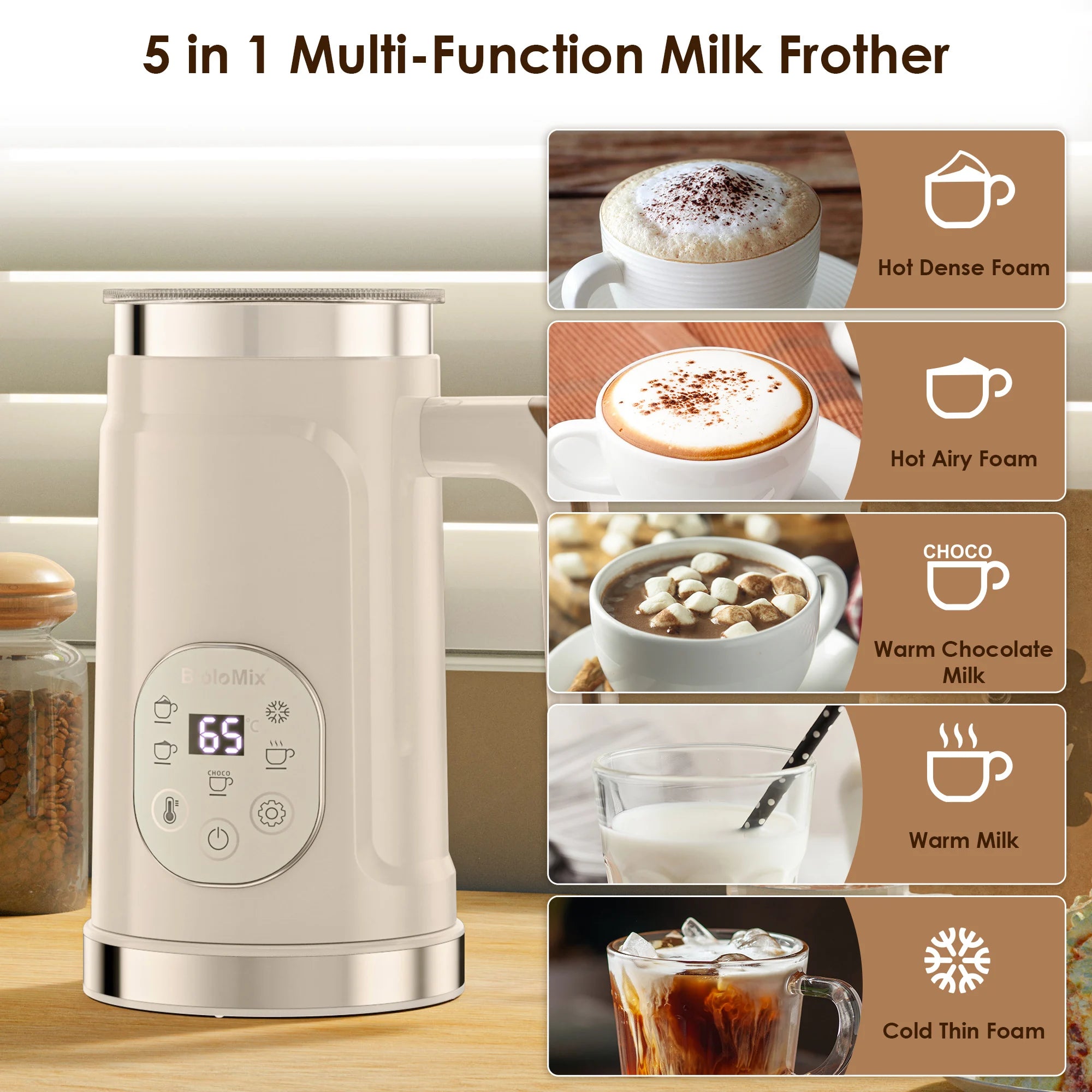 BioloMix 5-in-1 Milk Frother with LED Touch Screen – Hot & Cold Foam Maker for Lattes, Coffee & More