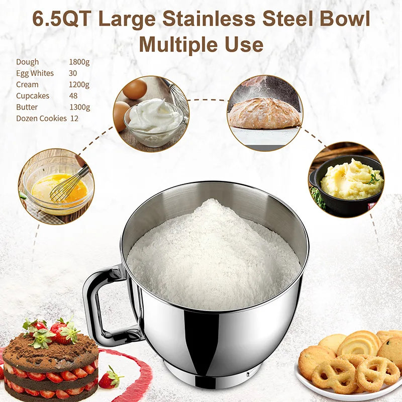 Commercial Stand Mixer 1500W, 6.5L Stainless Steel Bowl 6-Speed, Silent Design Smart Display Multi-Functional Dough Mixer