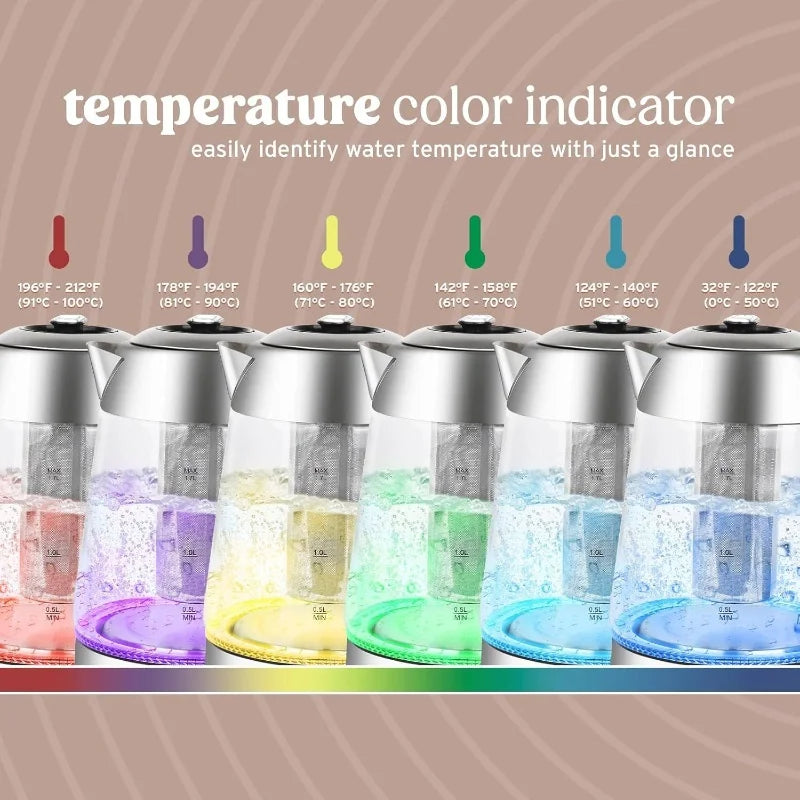 Electric Glass Tea Kettle - Portable Water Boiler with Infuser for Home, Office & Travel, Fast Heating & LED Light