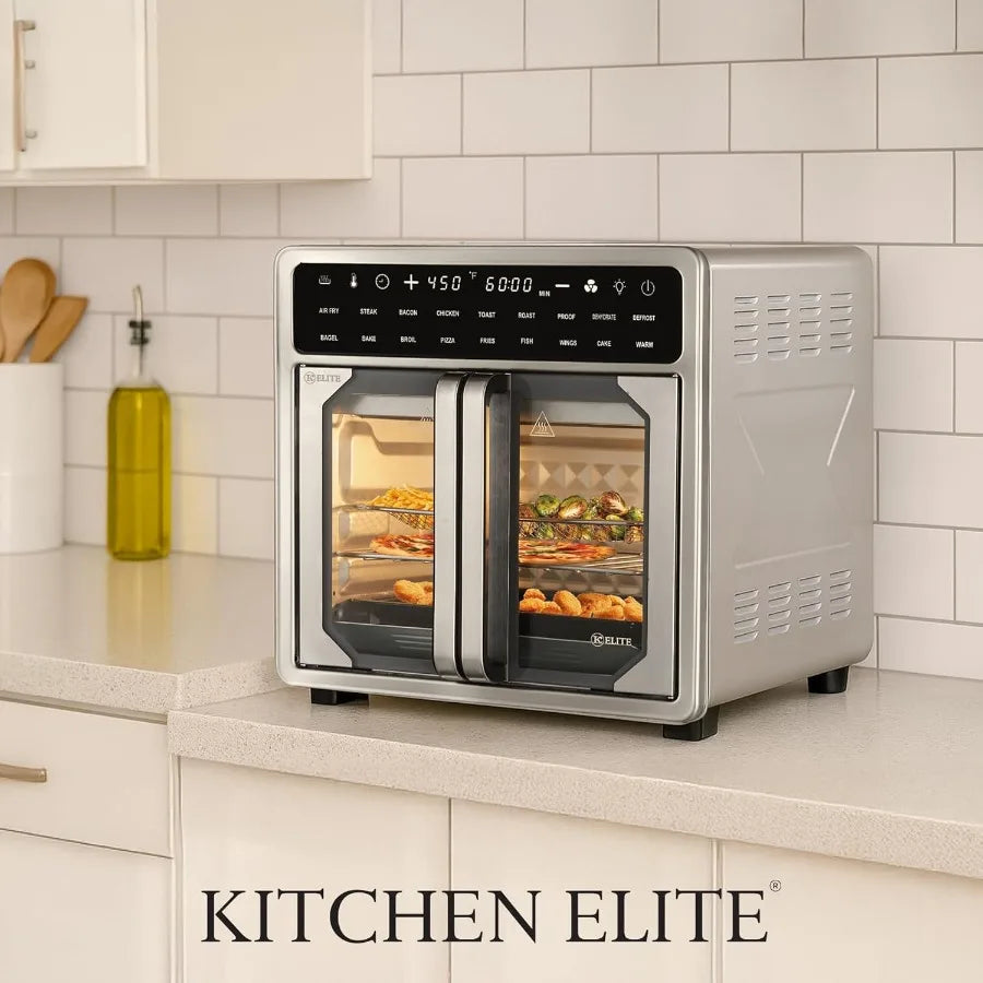 Kitchen Elite 16 Quart French Door Air Fryer Oven Family Size Countertop Convection Cooker with LED Display Stainless Steel Ide