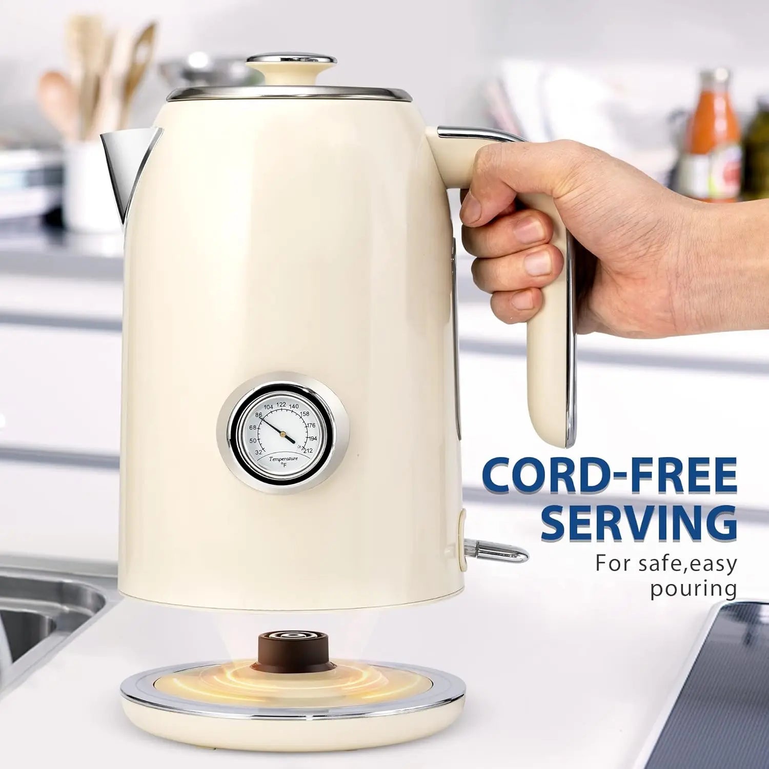 1.7L Stainless Steel Electric Kettle with Temperature Gauge, 1500W Fast Boiling, Auto Shut-Off and Boil-Dry Protection in Beige