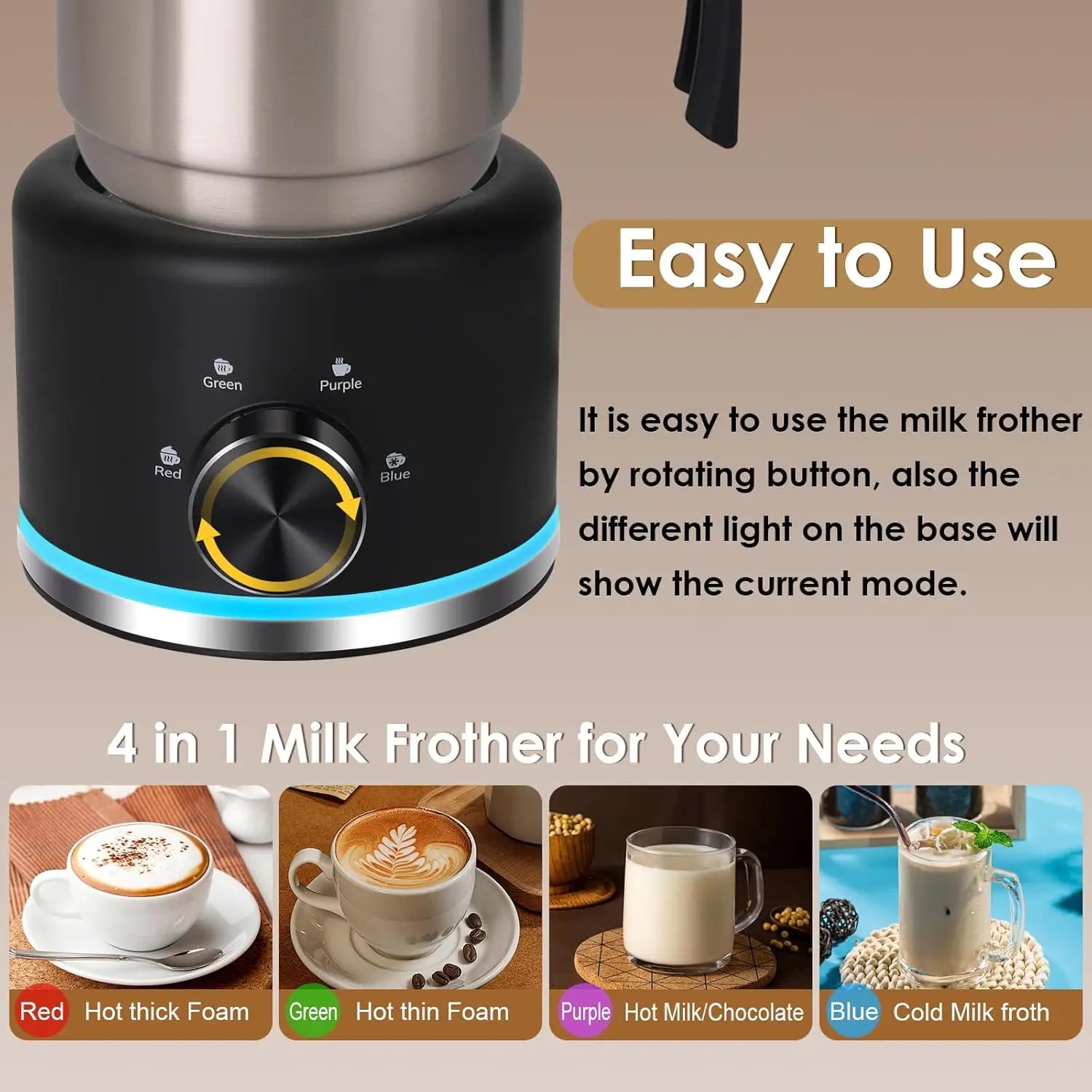 Milk Frother, Milk Frother and Steamer, 4 in 1 Electric Milk Frother Dishwasher Safe Durable Silent Frother