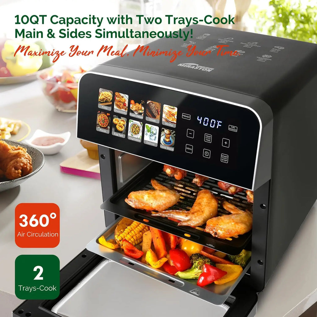 Air Fryer Toaster Oven Combo with 10 Presets, Stainless Steel Interior, Easy Clean, Includes Accessories & Recipe