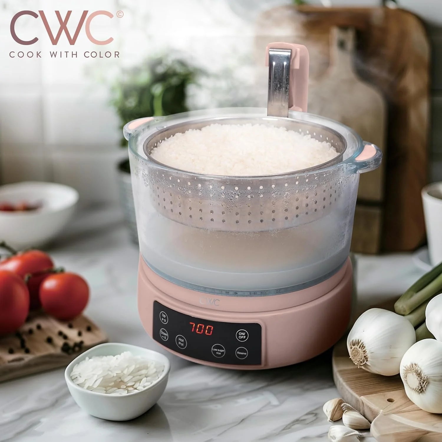 COOK WITH COLOR A 3L Glass Low Carb Rice Cooker-Makes 6 Cups Cooked Low Sugar Rice with Auto Lift Filter Basket Hotpot Steamer