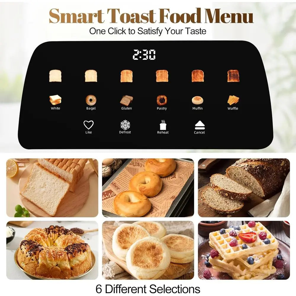 4 Slice Toaster with Touch Control, 1.5 Wide Long Slots, 6 Levels & 6 Bread Types, Digital Timer, Memory, rost, Reheat (BLACK