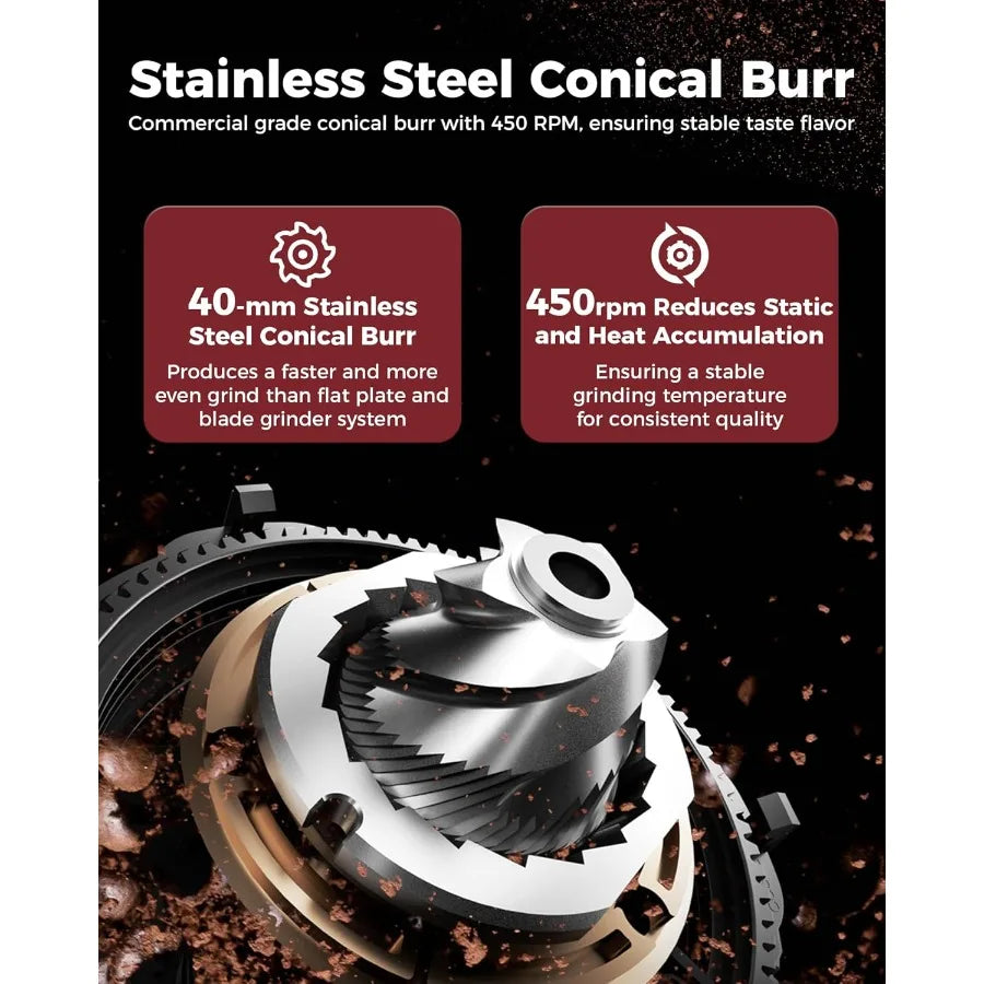Conical Burr Coffee Grinder 48 Grind Settings Anti-static Burr Mill Precision Electronic Timer and LED Touchscreen