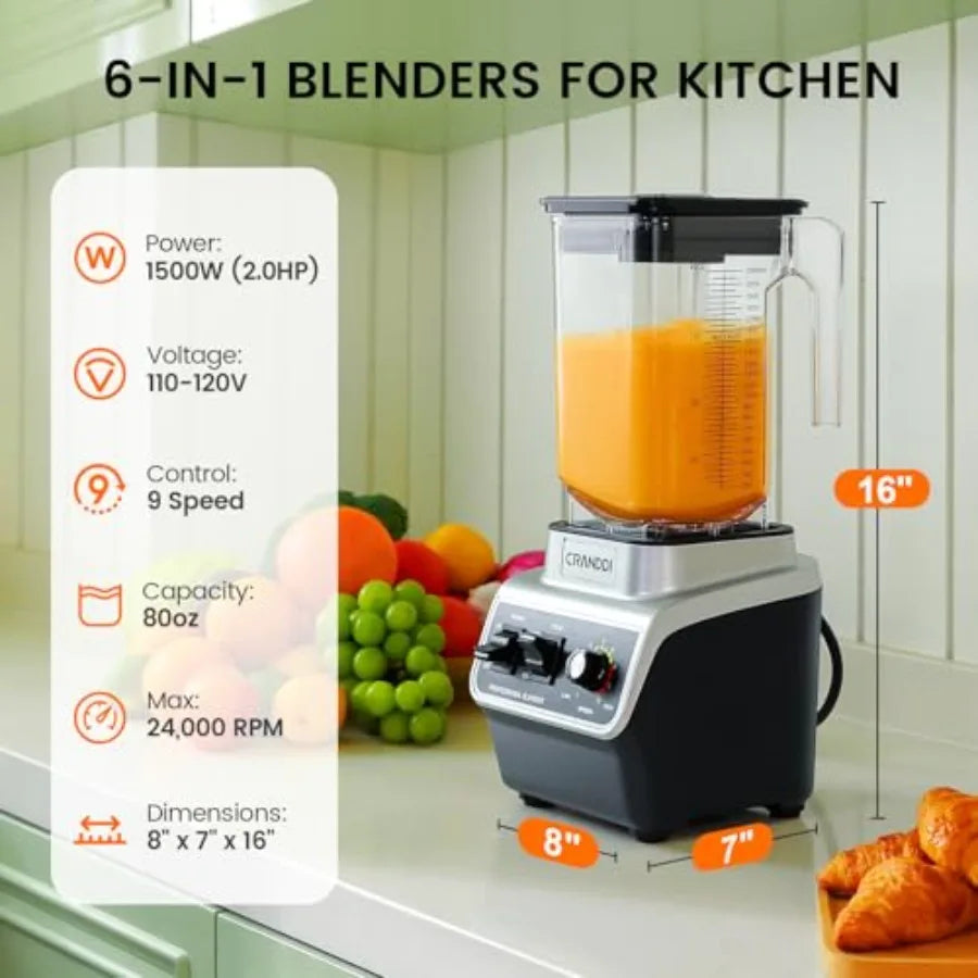 Professional Commercial Blender 1500W 80oz Pitcher Black with Tamper for Smoothie Ice Crushing Variable 9 Speeds Control 110V K