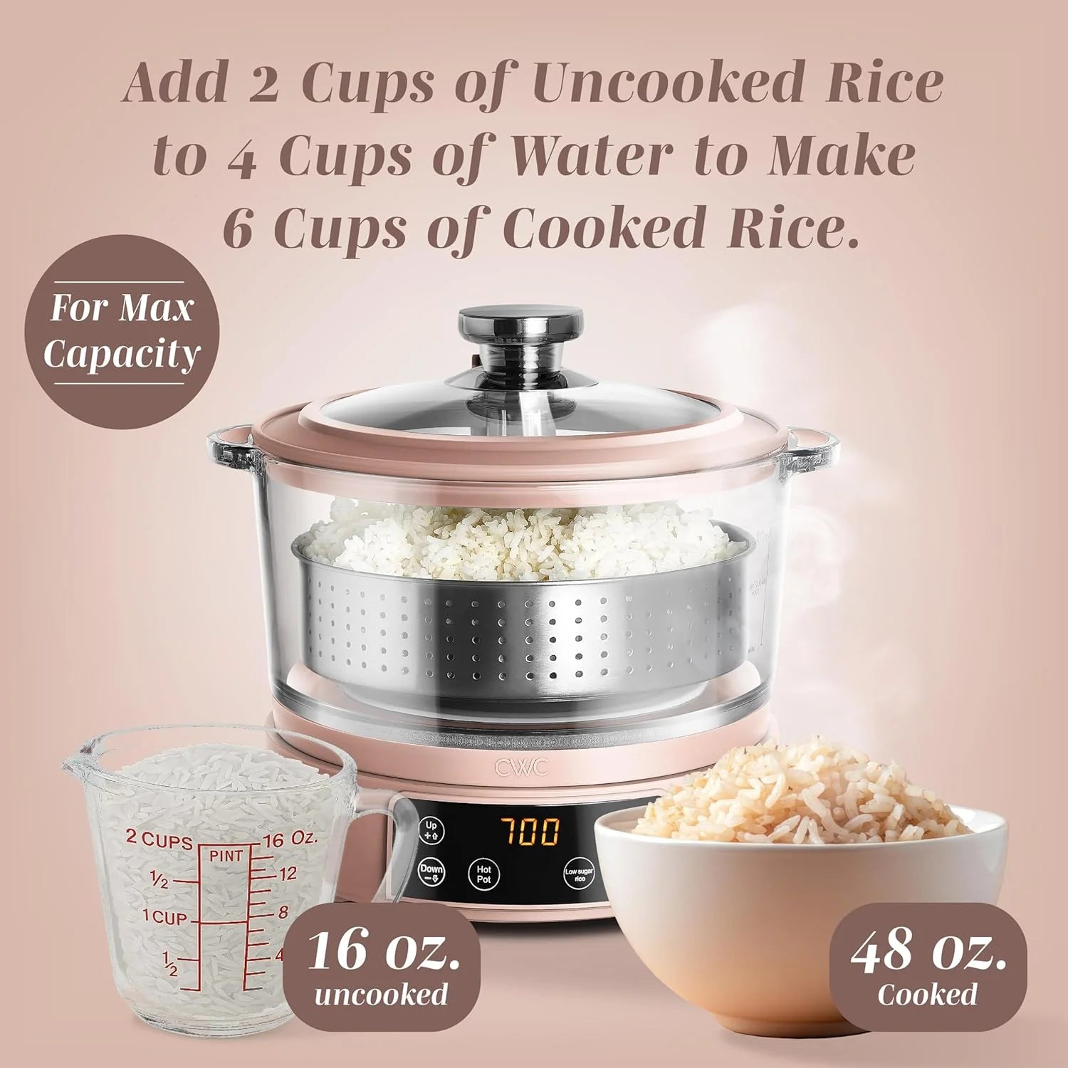 COOK WITH COLOR A 3L Glass Low Carb Rice Cooker-Makes 6 Cups Cooked Low Sugar Rice with Auto Lift Filter Basket Hotpot Steamer