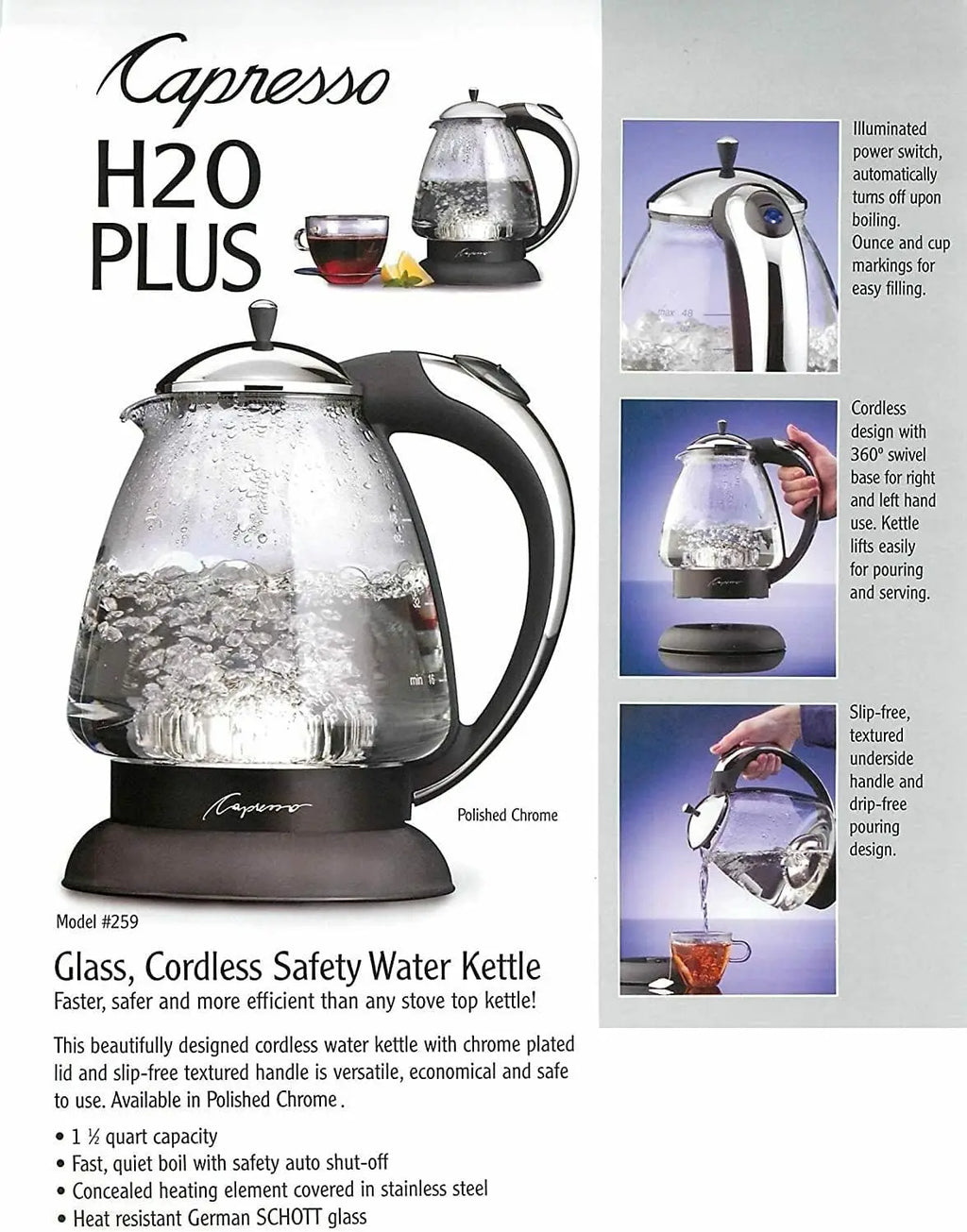 Stainless Steel Electric Kettle, 48oz Fast Boiling with Safety Features, Polished Chrome Finish