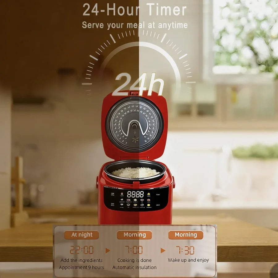 A 2L Mini Portable Rice Cooker for 5 Cups Cooked/3 Cups Uncooked 400W Non-Stick 24-Hour Timer Delay 10 Functions Fast Cooking