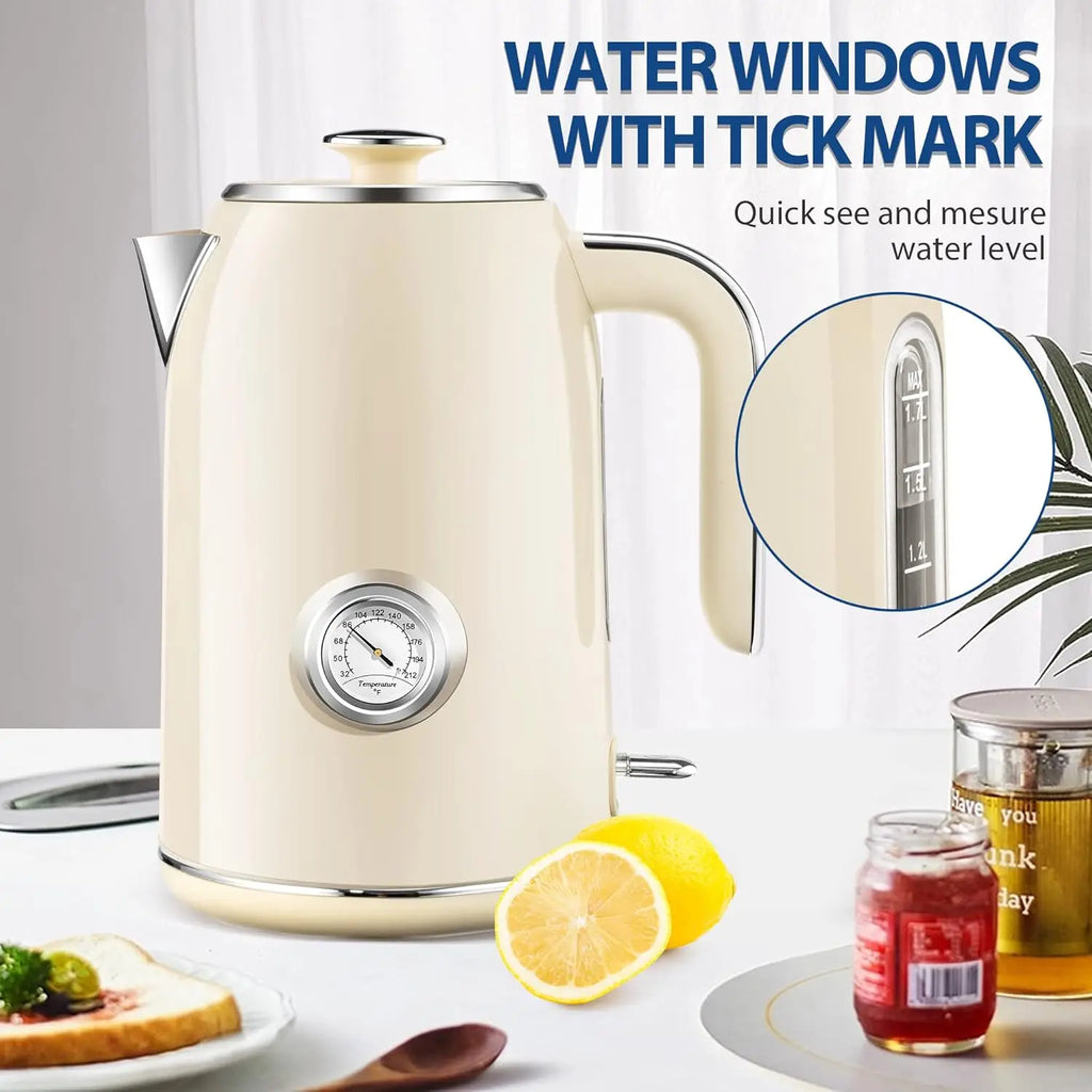 1.7L Stainless Steel Electric Kettle with Temperature Gauge, 1500W Fast Boiling, Auto Shut-Off and Boil-Dry Protection in Beige