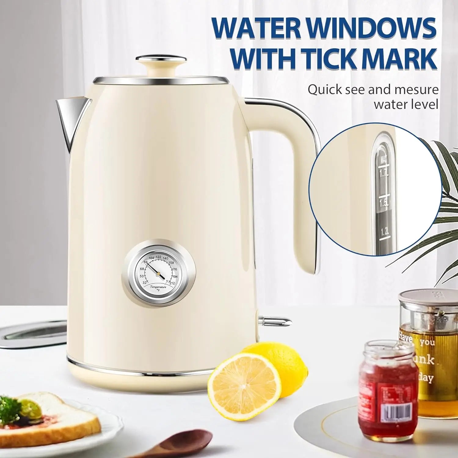 1.7L Stainless Steel Electric Kettle with Temperature Gauge, 1500W Fast Boiling, Auto Shut-Off and Boil-Dry Protection in Beige