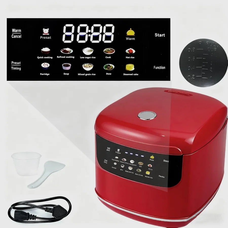 A 2L Mini Portable Rice Cooker for 5 Cups Cooked/3 Cups Uncooked 400W Non-Stick 24-Hour Timer Delay 10 Functions Fast Cooking