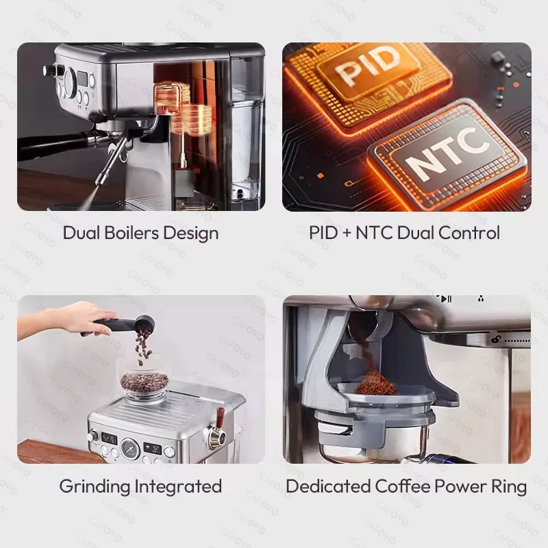 Coffee 3In1 Semi-Automatic Espresso Machine Dual Boiler Coffee Machine Built-in Grinder 20 Adjustable Grinds PID Temp Control