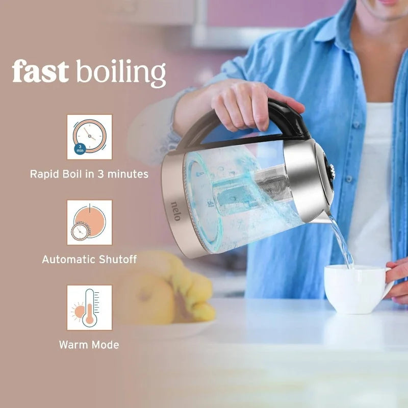 Electric Glass Tea Kettle - Portable Water Boiler with Infuser for Home, Office & Travel, Fast Heating & LED Light