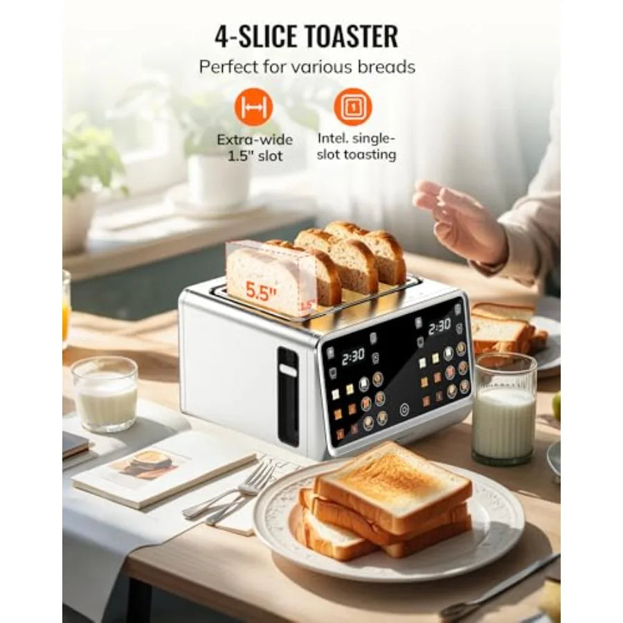4-Slice Digital Smart Toaster with TouchScreen Dual Control Panel Single Slot Toasting Timer Reheat Defrost for Bagels Bread