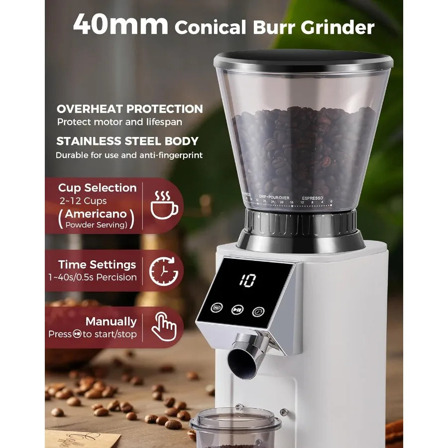 Conical Burr Coffee Grinder 48 Grind Settings Anti-static Burr Mill Precision Electronic Timer and LED Touchscreen