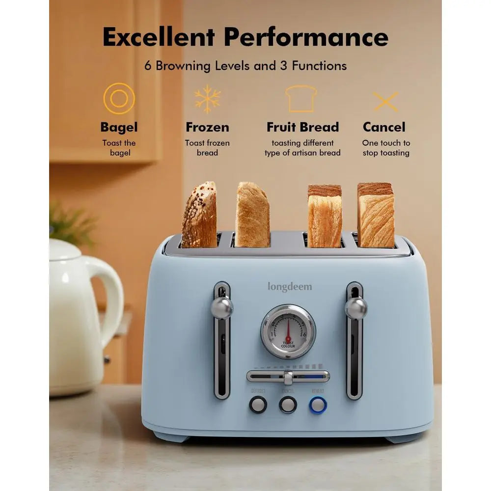 4-Slice Retro Toaster, 1.6 Extra-Wide Slots, 6 Levels, Bagel/Rost/Cancel, Stainless Steel, Compact Blue