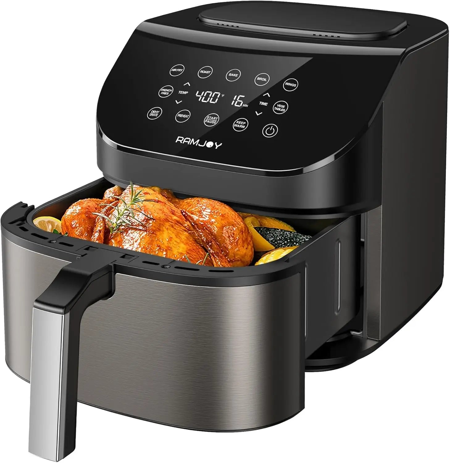 Air Fryer with 10-in-1 Functions: Fry, Roast, Bake, Broil, Dehydrate. Large & Compact Design.
