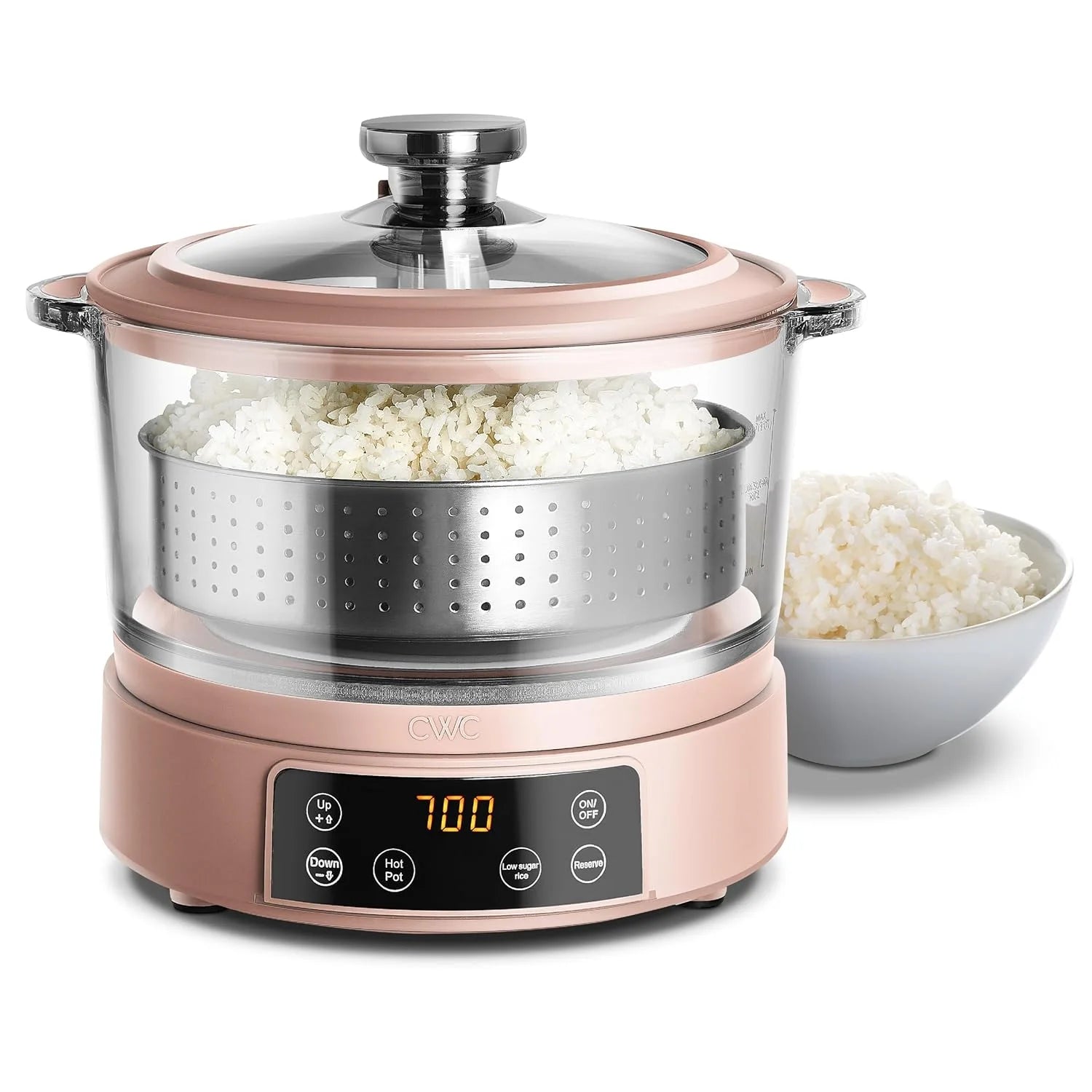 COOK WITH COLOR A 3L Glass Low Carb Rice Cooker-Makes 6 Cups Cooked Low Sugar Rice with Auto Lift Filter Basket Hotpot Steamer