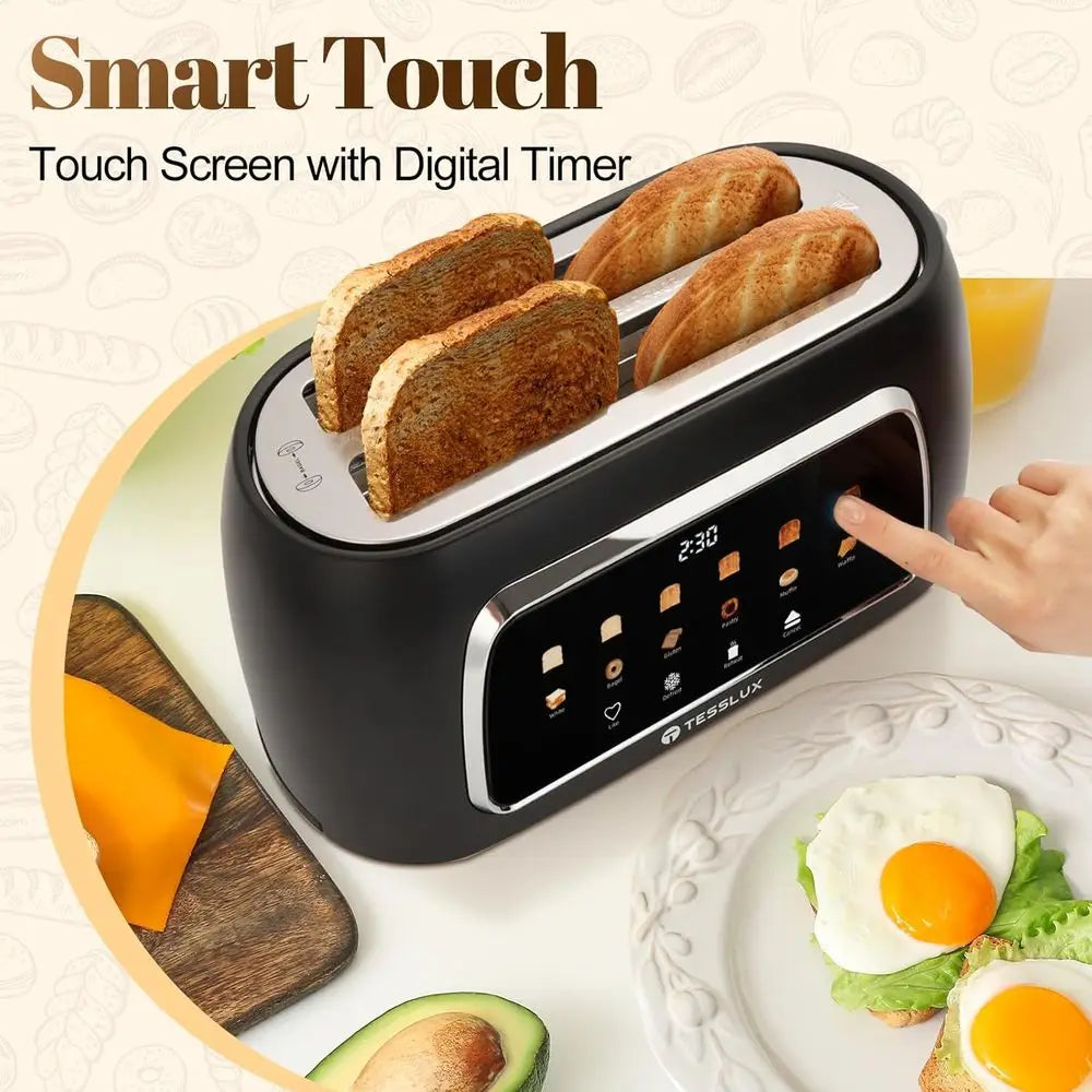 4 Slice Toaster with Touch Control, 1.5 Wide Long Slots, 6 Levels & 6 Bread Types, Digital Timer, Memory, rost, Reheat (BLACK