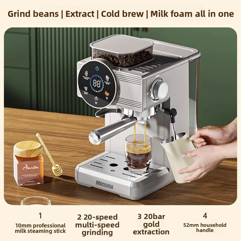 Hot and Cold Dual Extraction Integrated Grinder Espresso Machine with Steam Milk Frother, Small American Style for Home Use