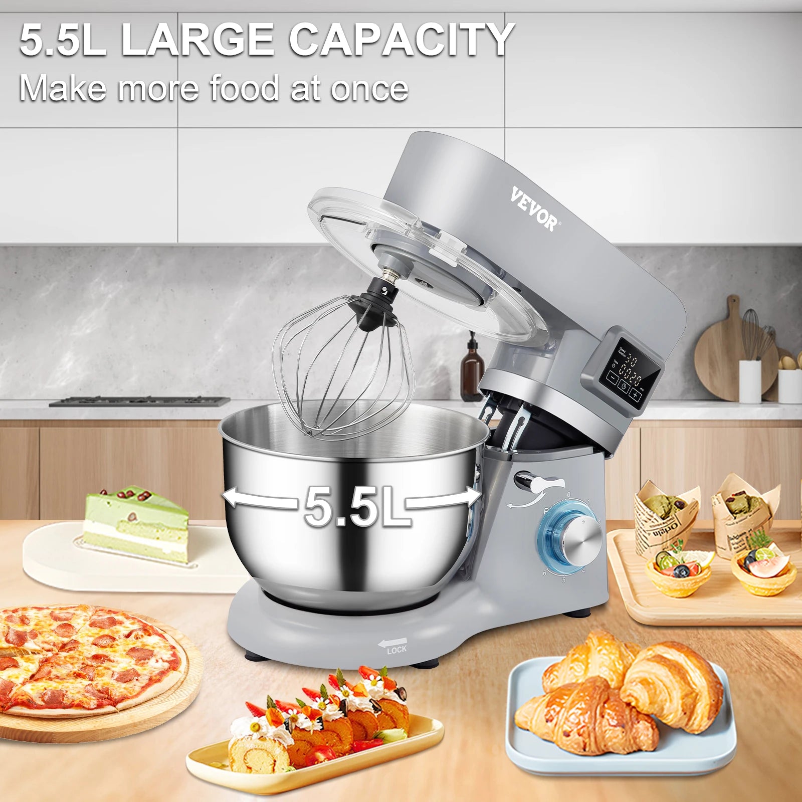 A Stand Mixer Electric Dough Mixer with 6 Speeds LCD Screen Timing 5.8 Qt Stainless Steel Bowl Dough Hook Flat Beater