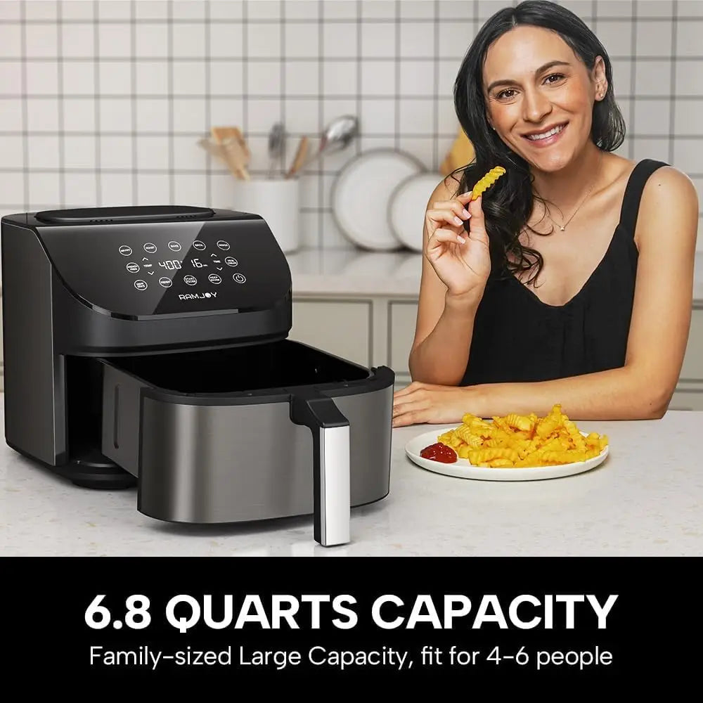 Air Fryer with 10-in-1 Functions: Fry, Roast, Bake, Broil, Dehydrate. Large & Compact Design.