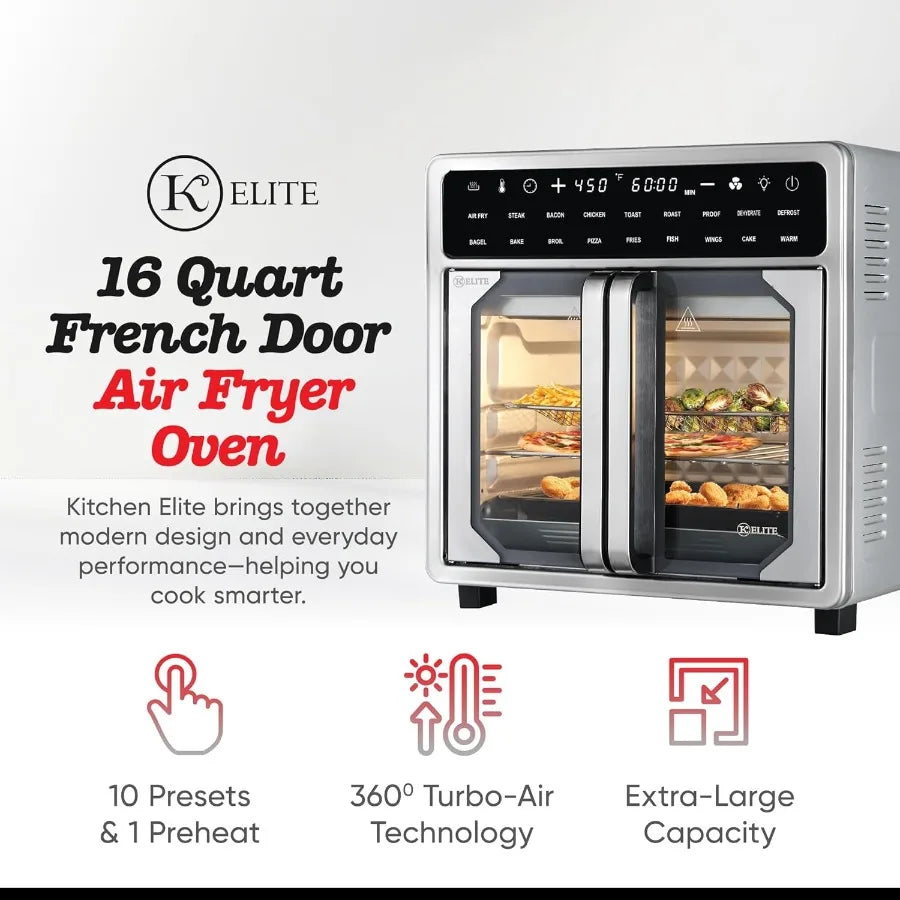 Kitchen Elite 16 Quart French Door Air Fryer Oven Family Size Countertop Convection Cooker with LED Display Stainless Steel Ide