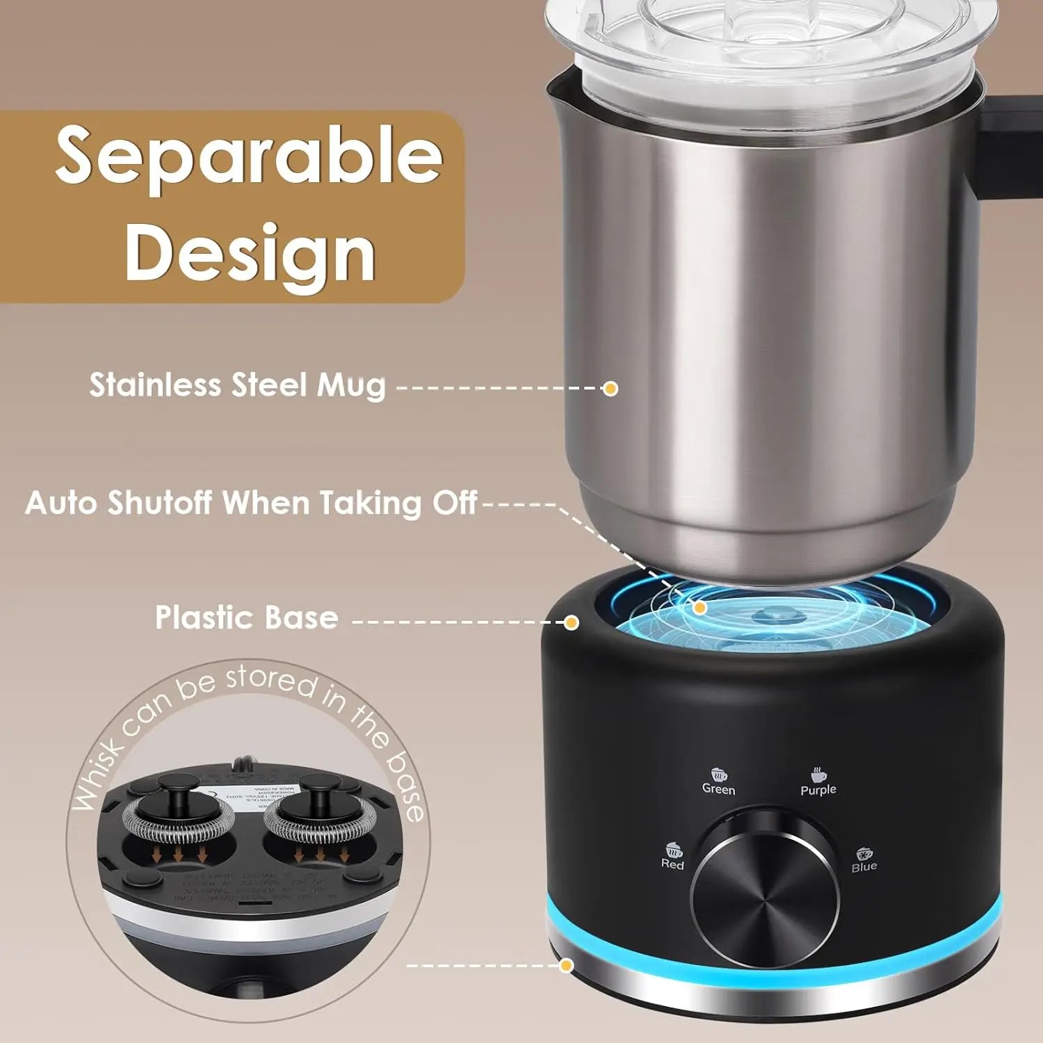 Milk Frother, Milk Frother and Steamer, 4 in 1 Electric Milk Frother Dishwasher Safe Durable Silent Frother