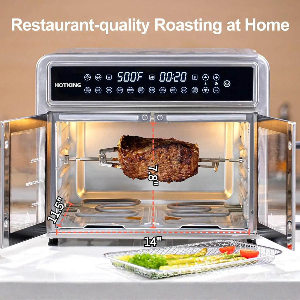 Dual-Zone Air Fryer Toaster Oven, Stainless Steel, Convection, French Door, Window, Racks, Rotisserie, Dehydrator.