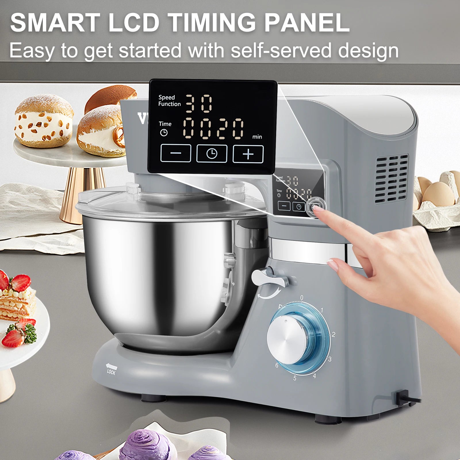 A Stand Mixer Electric Dough Mixer with 6 Speeds LCD Screen Timing 5.8 Qt Stainless Steel Bowl Dough Hook Flat Beater