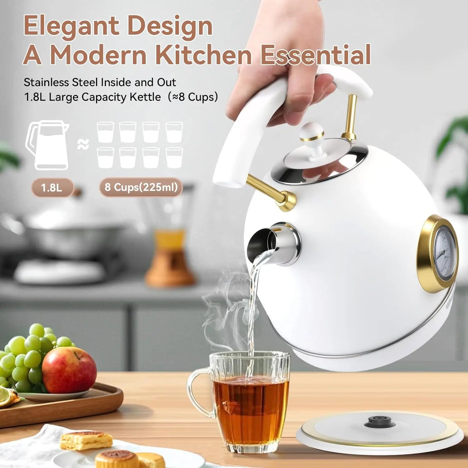 Retro Electric Kettle, Stainless Steel 1.8L, Fast Quiet Boil 1500W, Auto Shut-Off & Safety Features
