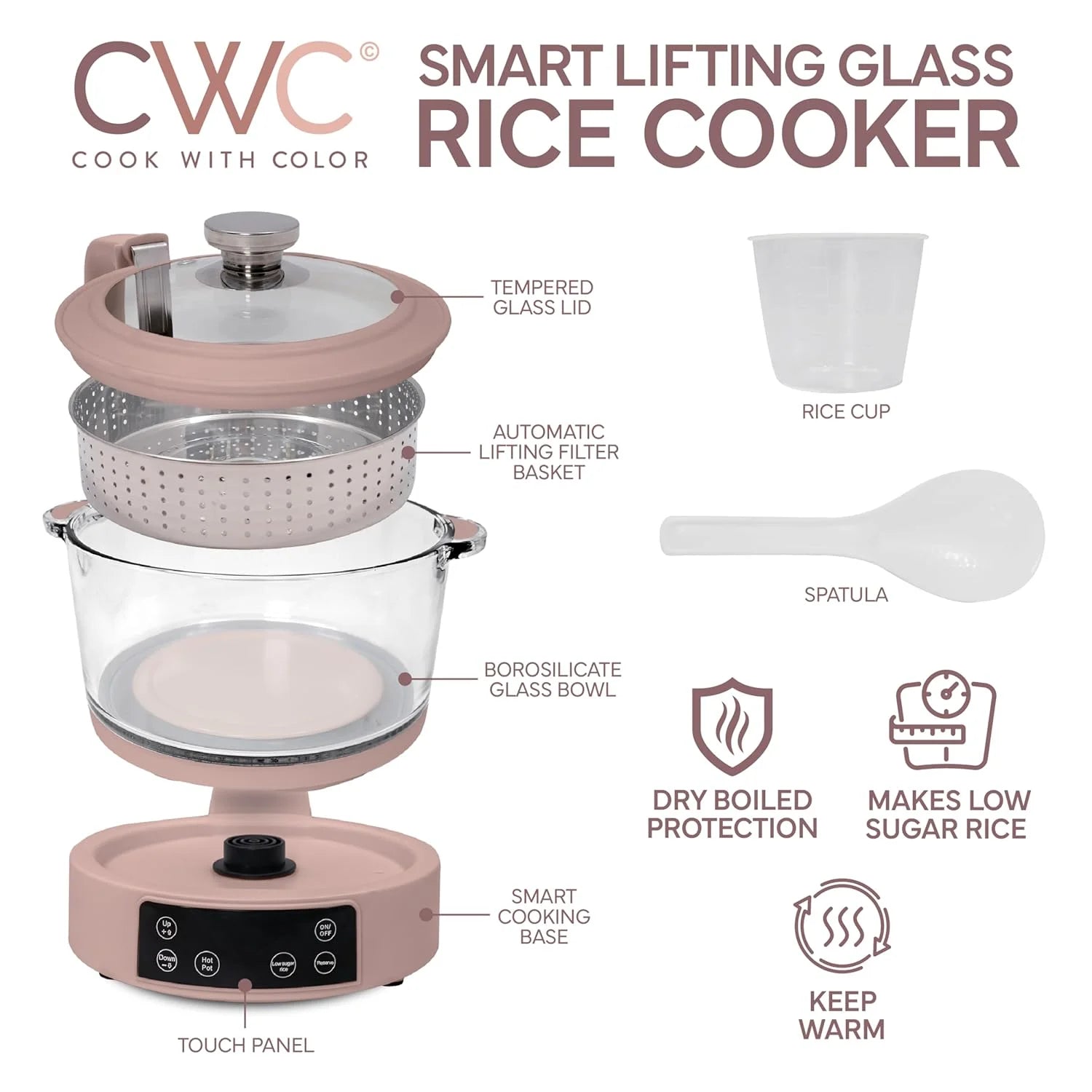 COOK WITH COLOR A 3L Glass Low Carb Rice Cooker-Makes 6 Cups Cooked Low Sugar Rice with Auto Lift Filter Basket Hotpot Steamer