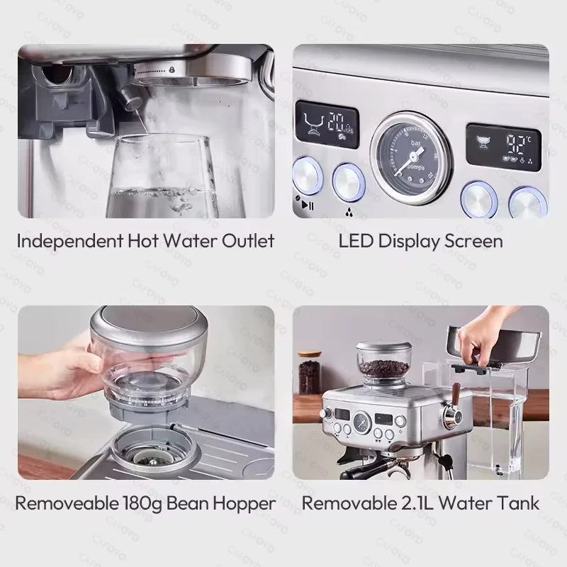 Coffee 3In1 Semi-Automatic Espresso Machine Dual Boiler Coffee Machine Built-in Grinder 20 Adjustable Grinds PID Temp Control