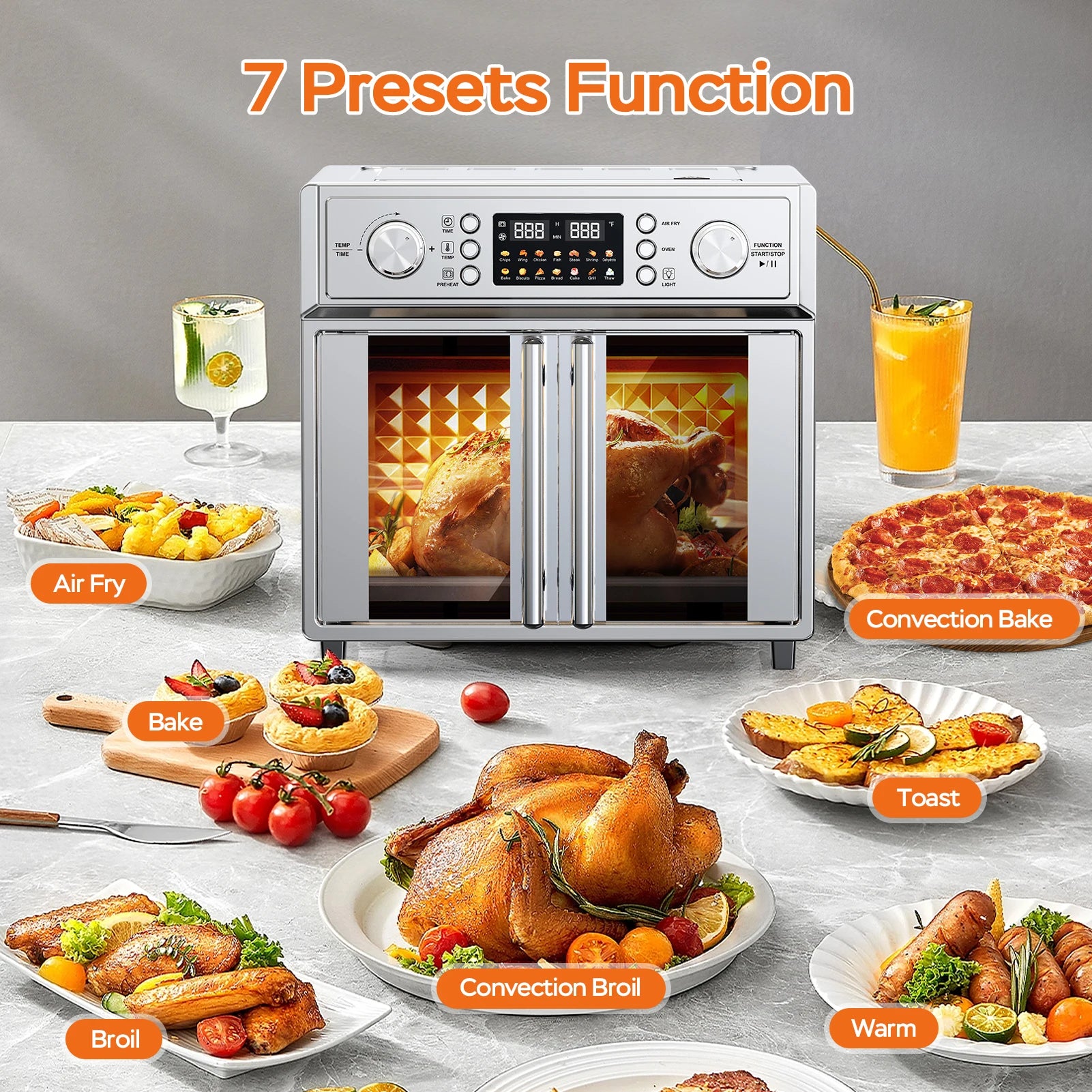 The new 7-in-1 Air Fryer Toaster Oven, 14 Presets, 1700W Stainless Steel with 360° Hot Air, Interior Light, Easy-Clean Tray