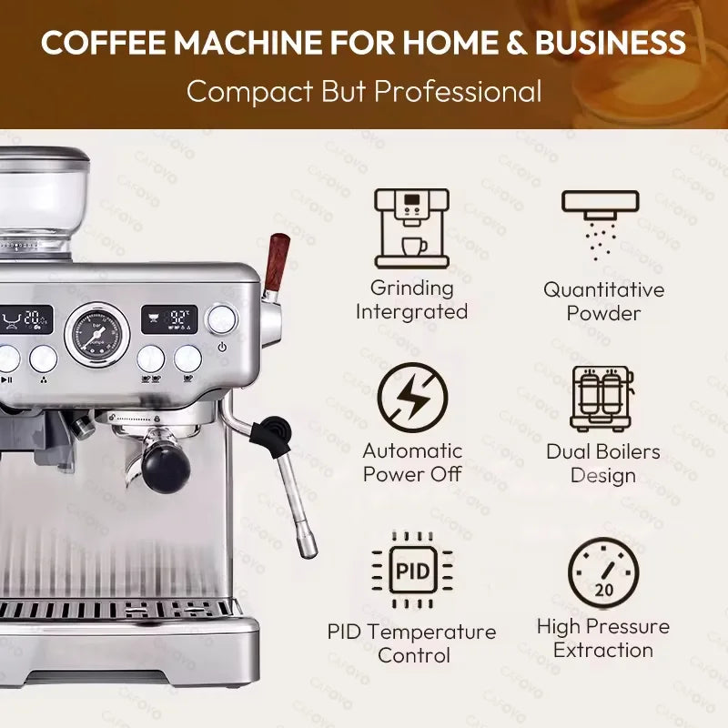 Coffee 3In1 Semi-Automatic Espresso Machine Dual Boiler Coffee Machine Built-in Grinder 20 Adjustable Grinds PID Temp Control