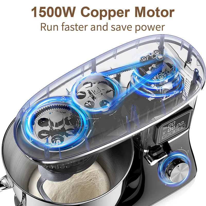 Commercial Stand Mixer 1500W, 6.5L Stainless Steel Bowl 6-Speed, Silent Design Smart Display Multi-Functional Dough Mixer