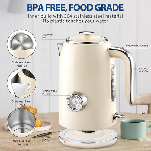 1.7L Stainless Steel Electric Kettle with Temperature Gauge, 1500W Fast Boiling, Auto Shut-Off and Boil-Dry Protection in Beige
